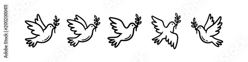 Tableau sur toile Set of minimalist black and white line art dove icons with olive branches