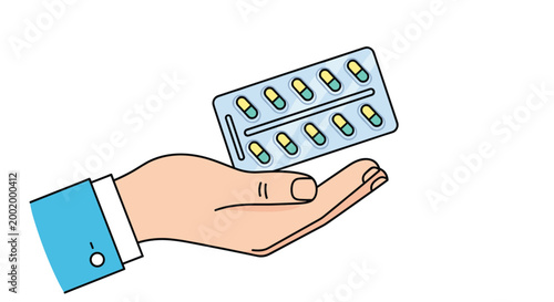 Close up view of a person wearing a blue shirt cuff holding a blister pack of colorful medicine capsules for healthcare and pharmacy.