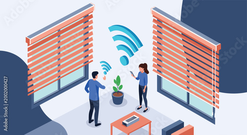 Isometric office interior where two professionals are working near windows with a large blue WiFi symbol to represent wireless connectivity.