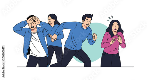 Group of terrified men and women running away together in fear with anxious expressions during a dangerous emergency or panic event.