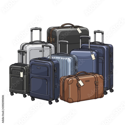A collection of various sizes and styles of travel suitcases and luggage.