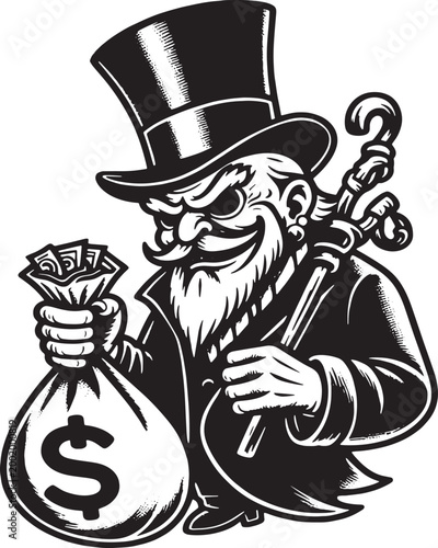 Vintage cartoon vector illustration of an old bearded man in a hat holding a broom pirate halloween character.
