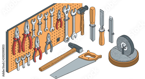 Organized workshop pegboard displaying many different hand tools including pliers, wrenches, hammers, saws, and a manual sharpening stone.