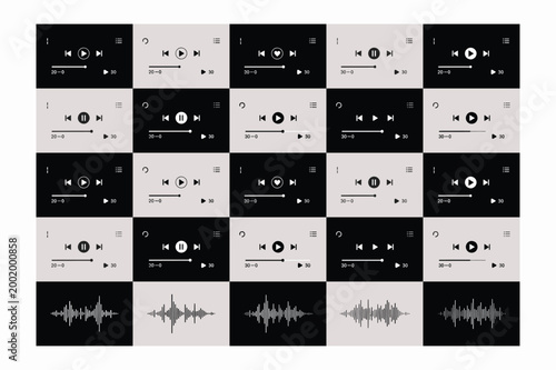 Modern music player interface UI designs with play pause skip and waveform elements
