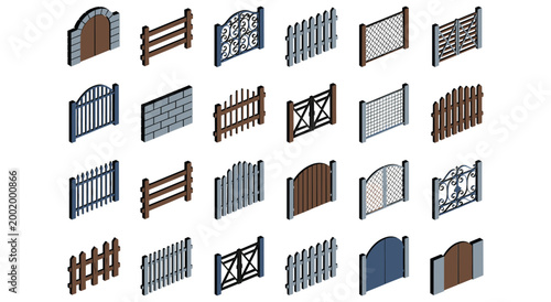 Set of decorative residential barriers including metal lattice and timber pickets for yard security. Architecture elements for home exterior design and landscape planning in suburban village.