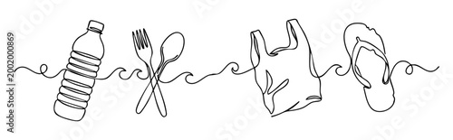 Continuous one line drawing of plastic ocean pollution with bottle, cutlery, bag and sandal