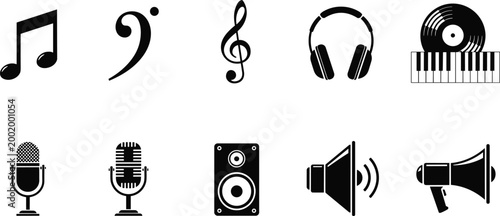 Music production equipment icons including headphones microphone speaker and vinyl records for audio