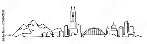 Hawaii’s volcanic peaks continuous one-line illustration with modern urban architecture