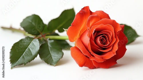 Single vibrant orange rose on white