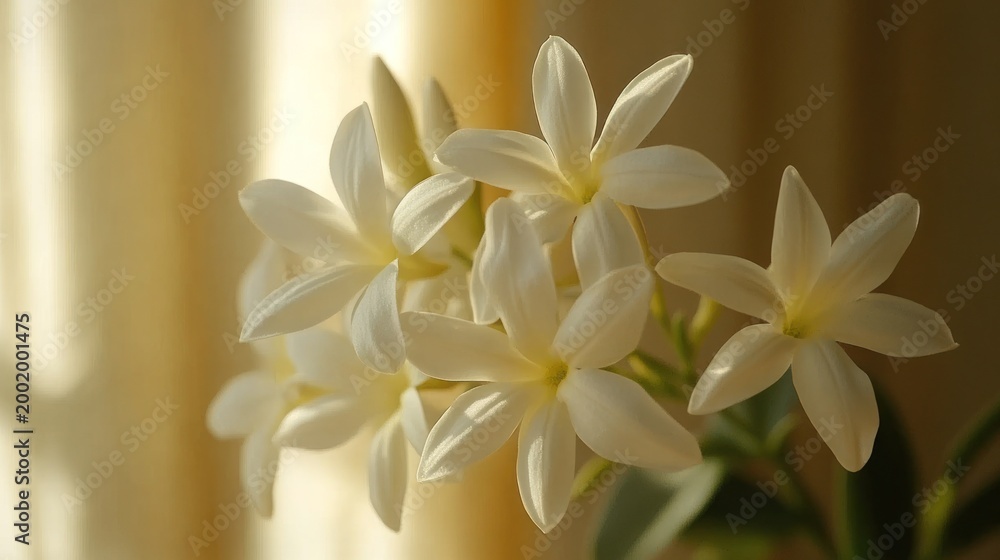 Obraz premium Soft-focus close-up of a cluster of pristine white flowers, bathed in warm sunlight filtering through sheer drapes