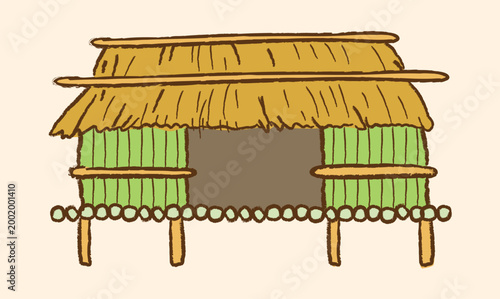 Brown thatched cottage raised with bamboo