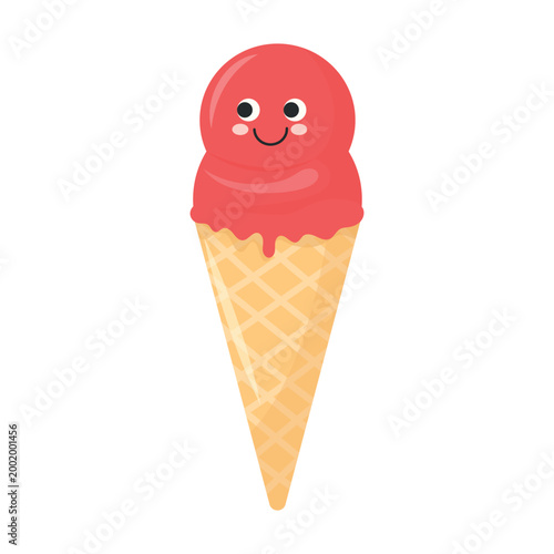 Cute strawberry ice cream cone with a kawaii face and glossy topping. Bright red dessert illustration designed for kids content, summer themes.