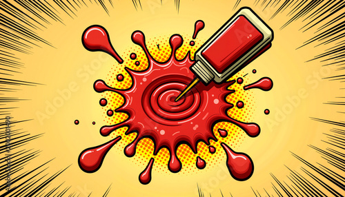 Ketchup bottle splashing vibrant red sauce on yellow background, humorous pop art
  