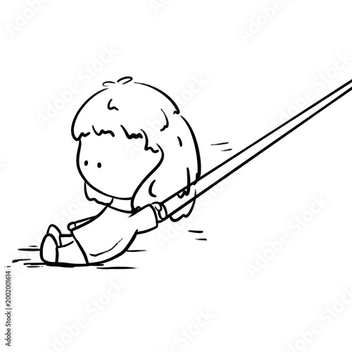 Fotografie An expressionless girl is dragged away by rope outline illustration