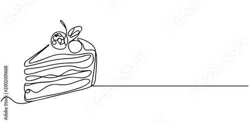 slice of layered cake continuous one line drawing, Line art illustration of a slice of layered cake topped with cherries. Hand drawn continuous line representing sweet dessert, celebration treat