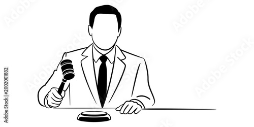 A male judge in a suit and tie holding a wooden gavel while sitting at a desk in a courtroom to make a legal decision or ruling Vector, illustration