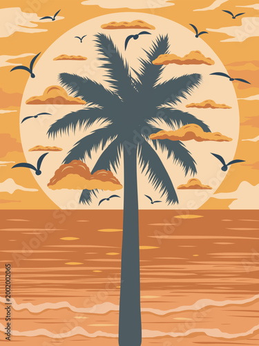 Tropical Sunset Ocean Landscape with Palm Tree Silhouette Illustration