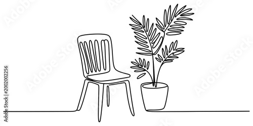 Minimalist continuous one line drawing of a simple modern chair and a potted palm houseplant for home interior decoration design Vector, illustration