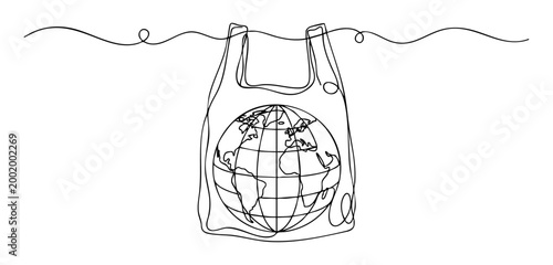 Planet earth trapped inside a plastic bag in continuous line drawing, environmental awareness, global pollution, plastic free concept