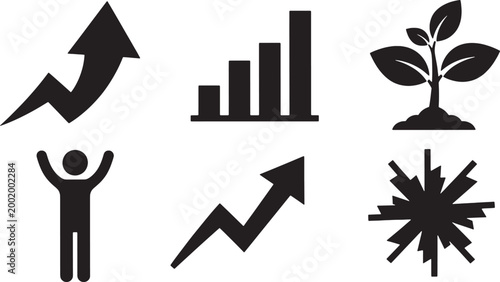 Set of business and growth icons including upward arrows, bar chart, plant growth, successful person, and abstract starburst