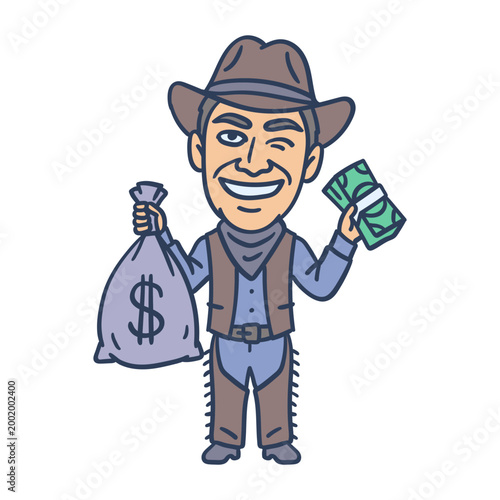 Cowboy man holding sack of money holding stack of cash and winking. Hand drawing
