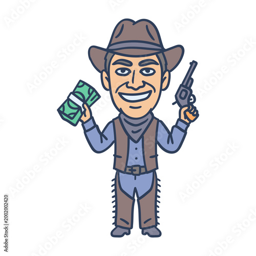 Cowboy man holding stack of cash holding revolver and smiling. Hand drawing