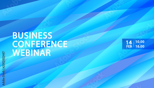 Business conference webinar banner template featuring modern abstract blue gradient diagonal overlapping wavy lines background for marketing strategy corporate event online seminar announcement 
