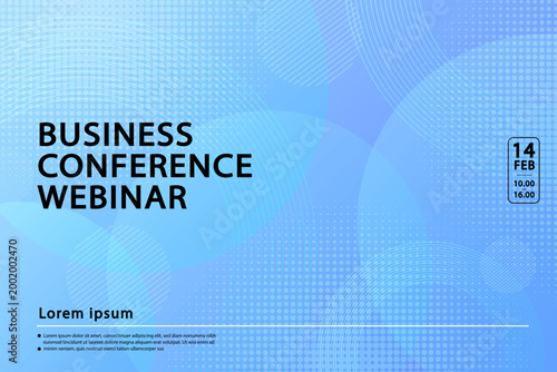 Business conference webinar banner template featuring modern abstract light blue background with halftone dots and circle patterns for marketing strategy corporate event online seminar announcement.