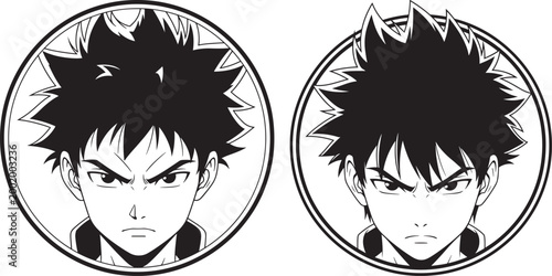 Two anime boy faces with spiky hair and intense expressions in circular frames black and white illustration digital art line art profile picture character illustration expression portrait