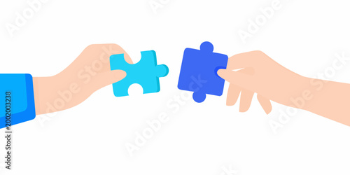 Hands connecting puzzle pieces flat vector illustration