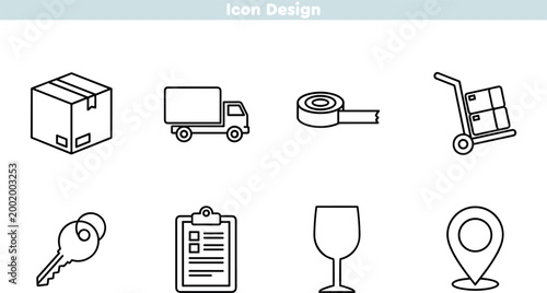 Logistics and shipping icon set. Delivery symbols for box, truck, tape, hand truck, keys, clipboard, fragile glass, and location pin. Moving service. Vector illustration.