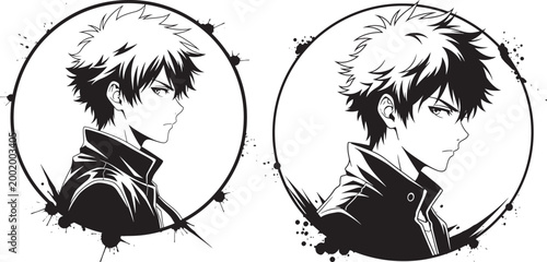 Two anime boy side profiles with spiky hair in splattered circular frames black and white illustration digital art line art profile picture ink splatter character illustration side view