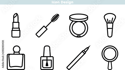 Makeup and beauty tools icon set. Professional line icons for mascara, face powder, brushes, perfume bottle, nail polish, and mirror. Cosmetic kit collection. Vector design.