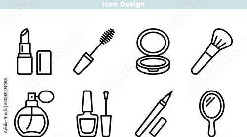 Cosmetics and makeup icon set. Line icons for lipstick, mascara, powder, brush, perfume, nail polish, eyeliner, and mirror. Beauty and fashion tools. Editable stroke. Vector.