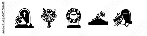 Photos Set of hand-drawn funeral and memorial icons featuring gravestones, flowers, wreaths, and graves