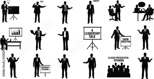 Business Leadership Talk Silhouettes, Corporate Presentation Speaking and Confident Public Speaker Poses Set, Professional Coaching Icons Vector