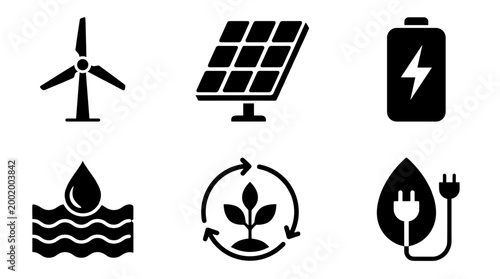 Renewable Green Energy Ecology Icons Set Isolated on White Background, Solar Panel, Wind Turbine, Battery, Water, Leaf and Plug Vector Illustration