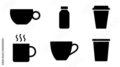 Coffee and Drink Cup Icons Set Isolated on White Background, Mug, Disposable Paper Cup, Bottle and Hot Beverage Symbols for Cafe Menu Vector Art