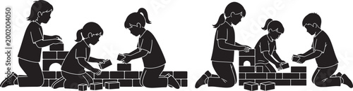 Children playing with building blocks children building education learning development childhood silhouette activity recreation together teamwork creativity imagination playroom