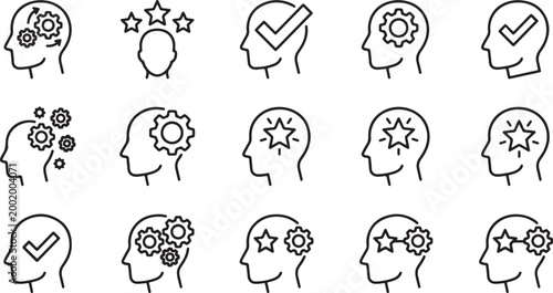 Minimalist mental health line icons, 15 human head profile vector set, psychology and brain function symbols for wellness apps and corporate training