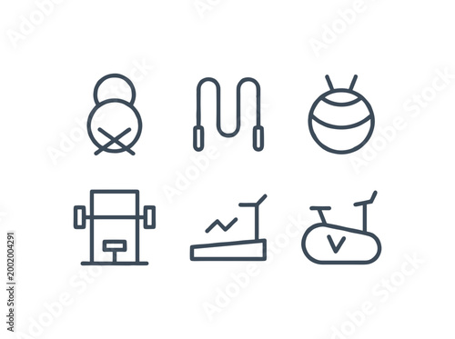 Fitness and Gym Equipment Line Icons, Workout Gear Symbols, Treadmill, Exercise Bike, Kettlebell, Jump Rope and Fitness Ball Vector Illustrations
