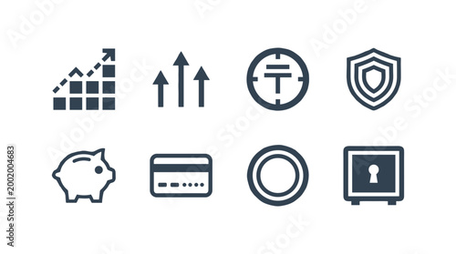 Financial and Business Growth Icons Set, Profit Chart, Secure Shield, Piggy Bank, Credit Card, Safe Box and Target Symbols for Banking and Finance