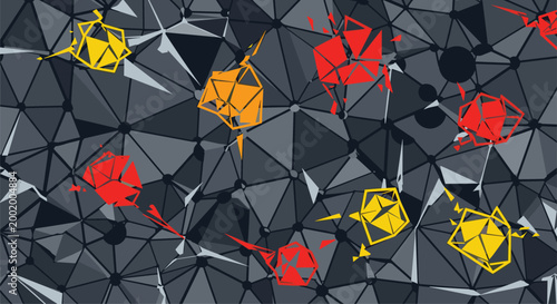 Abstract dark polygonal background featuring dynamic exploding geometric forms in vibrant red and yellow, representing energy or data.