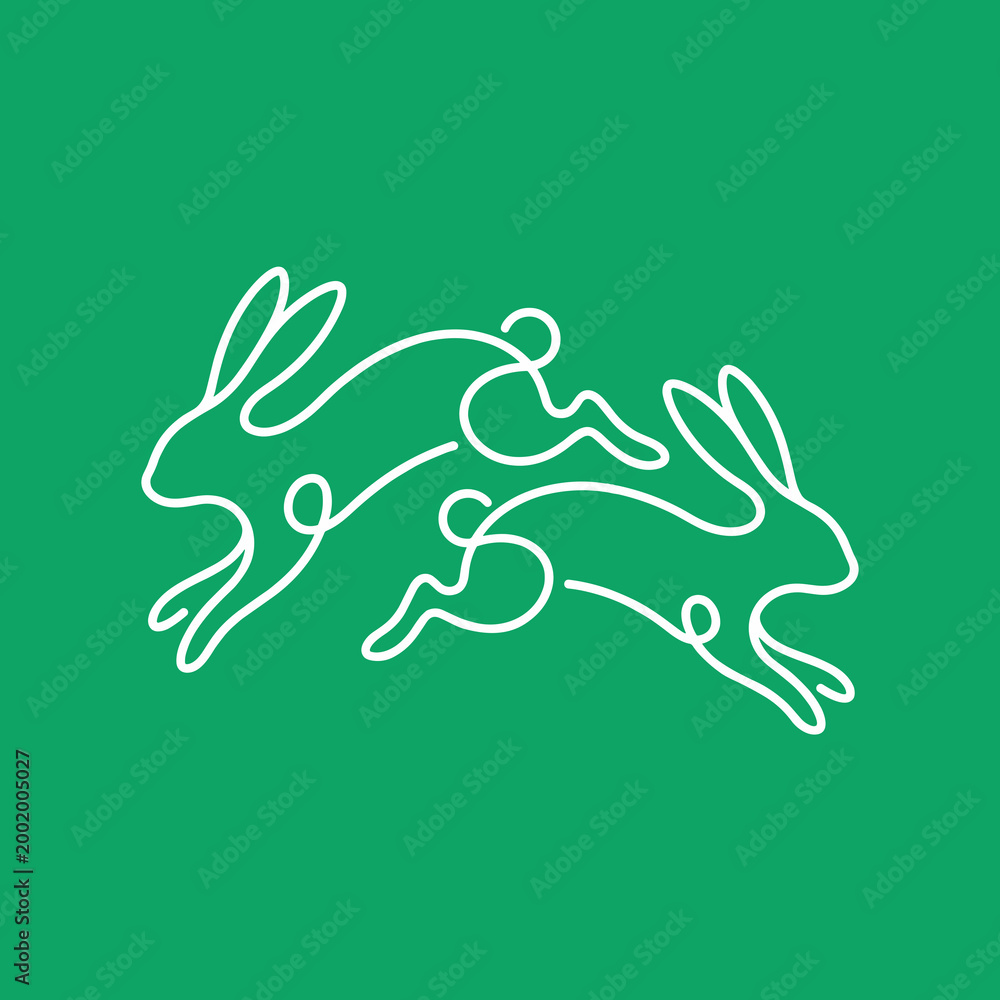 Obraz premium Two Running Rabbits Continuous Line Art on Green Background, Spring Easter Concept with Jumping Hares Outline Vector Illustration for Nature