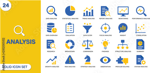 Analysis Solid Icon Set. Data Analytics, Statistics, Research, Business Insights and Performance Solid Vector Icons Collection