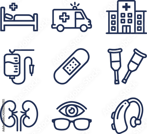 Medical and Healthcare Line Icon Set Featuring Hospital Building Ambulance Kidney Anatomy Hearing Aid and Emergency Equipment for Clinic Branding.