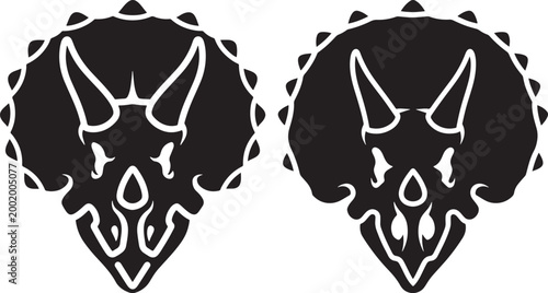Two black silhouette illustrations of triceratops dinosaur heads with black and white triceratops dinosaur prehistoric jurassic silhouette illustration creature wildlife paleontology