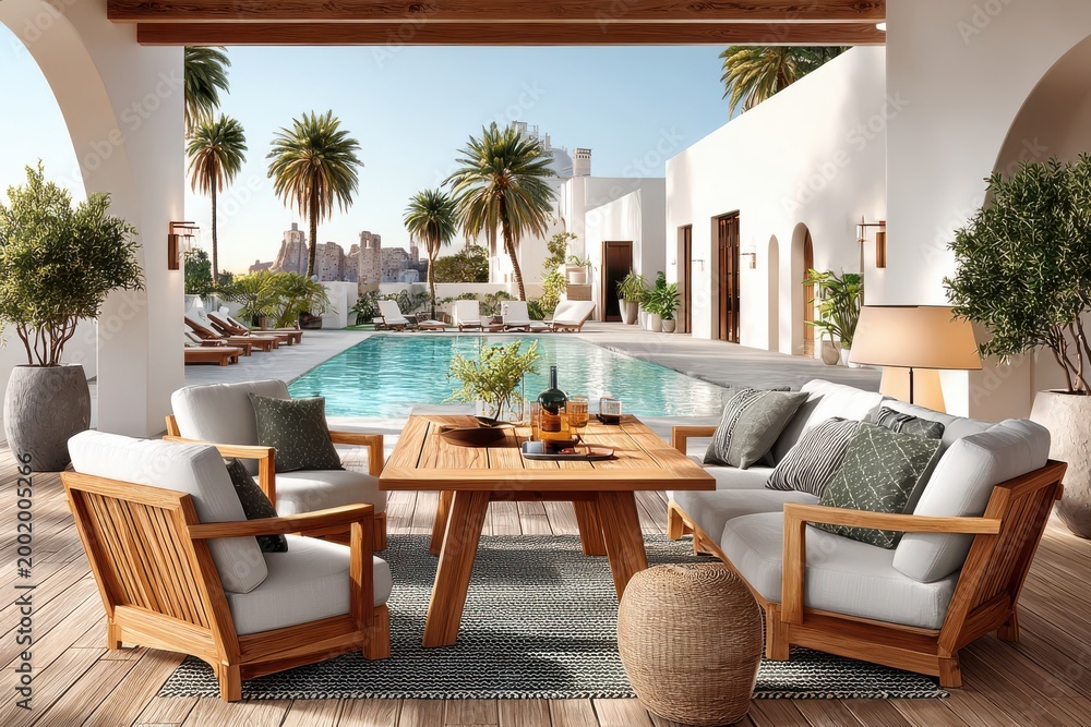 Fototapeta premium Luxury wooden outdoor dining and lounge set by a pool at a Mediterranean villa terrace