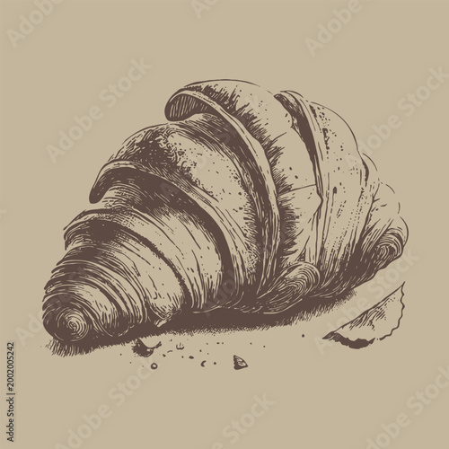 Freshly Baked Croissant with Crumbs Detailed Vintage Style