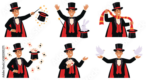Professional magician performing diverse stage illusions and card tricks for audience. Elegant entertainer wearing tuxedo holding magic wand rabbit dove and playing cards for show.